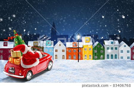 Christmas greeting card. Santa Claus driving red car with gift boxes and Christmas tree in the night christmas city 83406768