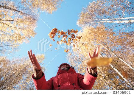 A Woman in A Red Jacket Throws Yellow Leaves. Autumn Landscape. Slow motion video. A Woman in A Red Jacket Throws Yellow Leaves. Autumn Landscape. Slow motion video. 83406901