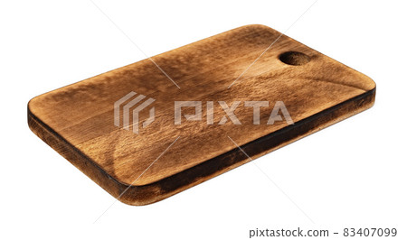 Dark wooden cutting board on white background 83407099
