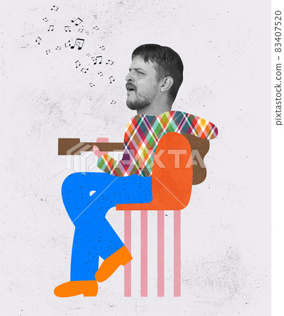 Contemporary art collage of expressive artistic man with drawn body element playing guitar isolated over textured background Contemporary art collage of expressive artistic man with drawn body element playing guitar isolated over textured background 83407520