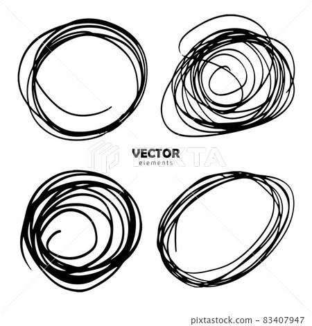 Grunge Vector Set of brush Circle Round Black color on white background. Hand painted grange elements. Ink drawing. Dirty artistic design 83407947