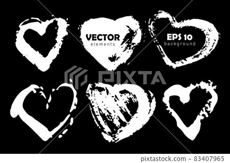 Vector Set of brush Heart Love strokes White color isolated on Black background. Hand painted grange Pluse elements. Dirty artistic design . Place for text, quote 83407965