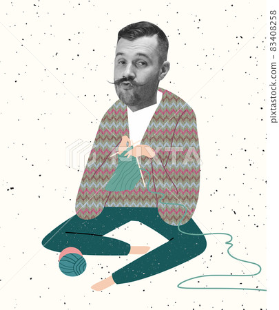 Contemporary art collage of cute man with drawn body element kniting sweater 83408258
