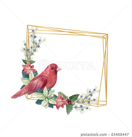 Golden geometric frame with winter d cor and red bird. Watercolor Christmas illustration 83408447