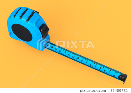 Blue carpenter measuring tape isolated on yellow with imperial units scale. 83409781