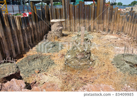 JOHOR, MALAYSIA -JUNE 16, 2015: Excavated bore pile and ready to cut to designated level at the construction site. The bore pile must cut before can fabricate the pile cap.  83409985