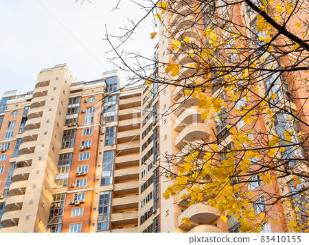 yellow leaves and high-rise apartment building 83410155