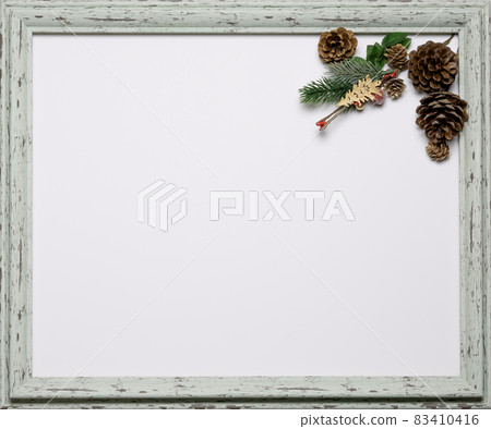 Blank Christmas themed card with a place for an inscription, framed in a decorative frame. Festive mockup. Flatlay composition Blank Christmas themed card with a place for an inscription, framed in a decorative frame. Festive mockup. Flatlay composition 83410416