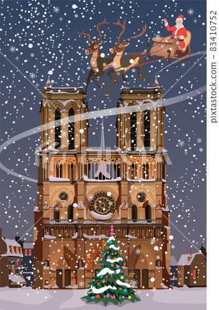 Christmas, Santa Claus is carrying gifts on his reindeer. Vector. 83410752