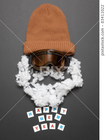 New Year's greeting layout Composition. Card. Congratulations to the snowboarder and skier. New Year's greeting layout Composition. Card. Congratulations to the snowboarder and skier. 83411022