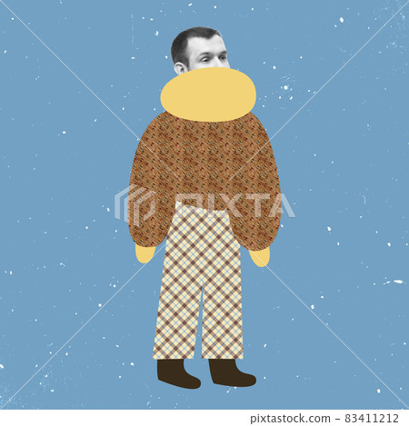 Modern design, contemporary art collage. Inspiration, idea, trendy urban magazine style. Man in warm clothes. Winter Modern design, contemporary art collage. Inspiration, idea, trendy urban magazine style. Man in warm clothes. Winter 83411212