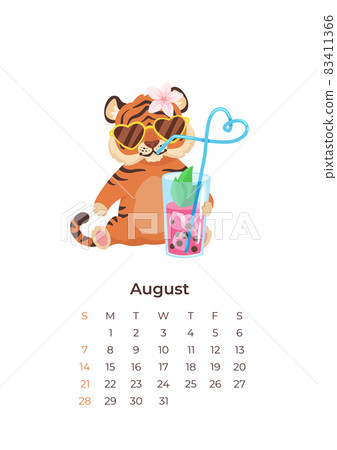 cartoon tiger August 2022 calendar A4 format template. 83411366