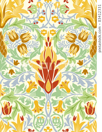 Floral seamless pattern with a large red flower in the center on light background. Pastel colors. Vector illustration. 83412331