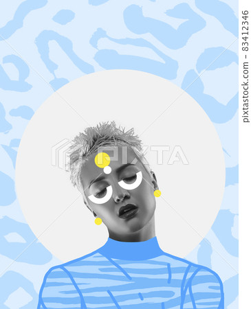 Contemporary colorful and conceptual bright art collage. Modern design. Ideas, inspiration, fashion and human emotions concept 83412346