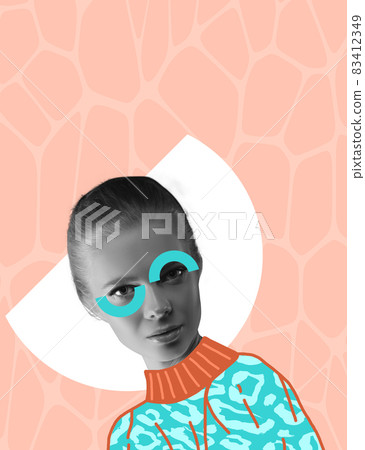 Contemporary colorful and conceptual bright art collage. Modern design. Ideas, inspiration, fashion and human emotions concept 83412349