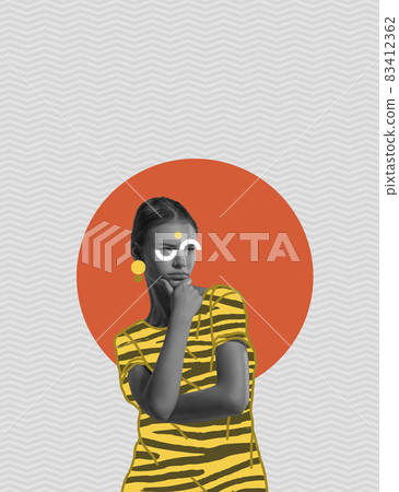 Contemporary colorful and conceptual bright art collage. Modern design. Ideas, inspiration, fashion and human emotions concept 83412362