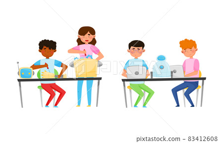 Young Boy and Girl at Table Engineering and Configurating Robot Vector Set Young Boy and Girl at Table Engineering and Configurating Robot Vector Set 83412608