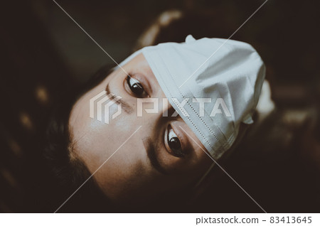 Top view point of of young woman turn the face upward Top view point of of young woman turn the face upward 83413645