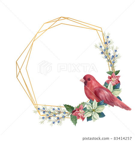 Christmas winter illustration. Polygonal frame with watercolor poinsettia flowers, fir twigs, red bird, cones, blue and red berries 83414257