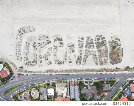 Aerial view of Coronado Sand Dune Secret Message on Coronado Island, San Diego 83414513