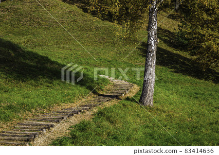 a wooden footpath leads to the hill at autumn 83414636