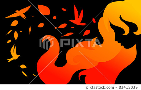 Sensual girl silhouette on black background with sunset colored hair and autumn leaves wind with birds Sensual girl silhouette on black background with sunset colored hair and autumn leaves wind with birds 83415039