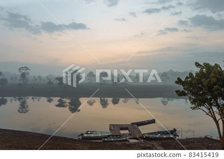 Boat on the river. Morning on the Amazon river. Boat on the river. Morning on the Amazon river. 83415419