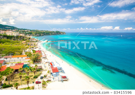 Aerial view of Tyrrhenian sea with turquoise water,Tropea, Italy Aerial view of Tyrrhenian sea with turquoise water,Tropea, Italy 83415596
