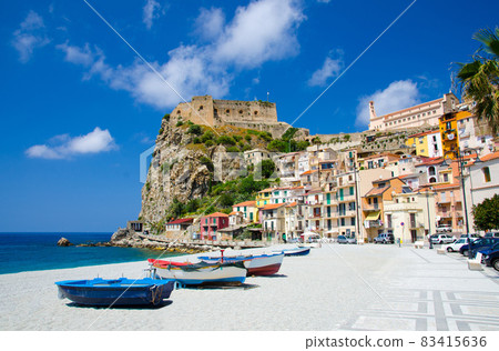 Fishing colorful boats on sandy beach, Scilla, Calabria, Italy Fishing colorful boats on sandy beach, Scilla, Calabria, Italy 83415636