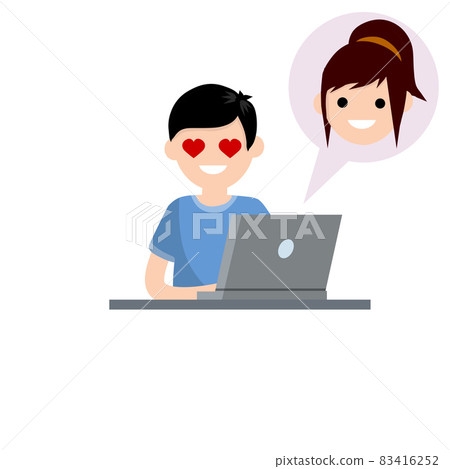 Man in love sitting at table with laptop. Heart on eyes Man in love sitting at table with laptop. Heart on eyes 83416252