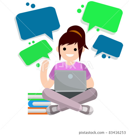 Woman sit with laptop. Work freelance and programmer. Woman sit with laptop. Work freelance and programmer. 83416253