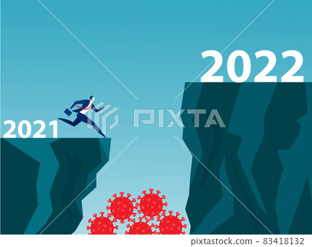 Businessman is jumping high across two cliffs to change year. Change year 2021 to 2022 after Covid 19, vector illustration Businessman is jumping high across two cliffs to change year. Change year 2021 to 2022 after Covid 19, vector illustration 83418132