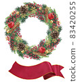 A set of beautiful Christmas wreath and striped ribbon illustrations 83420255