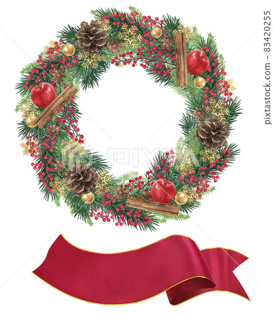 A set of beautiful Christmas wreath and striped ribbon illustrations 83420255