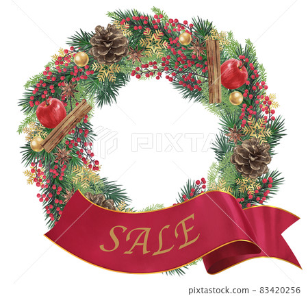 Illustration of a ribbon band with Christmas wreath and sale letters 83420256