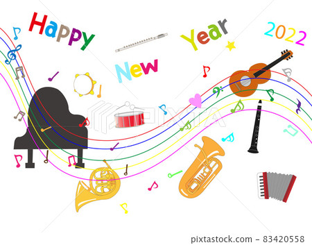 It is an illustration material of the 2022 New Year's card. The background is a musical instrument. 83420558