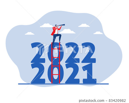 businessman climb up ladder to see through telescope on year 2022 number for compare 2020.Future Goal And Plans.Business target concept flat vector illustrator 83420982