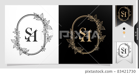 illustration of floral frame for SH or HS initial letter and graphic name, Monogram, for Wedding couple symbolic, company and icon business, with two colors variation designs monochrome and golds. illustration of floral frame for SH or HS initial letter and graphic name, Monogram, for Wedding couple symbolic, company and icon business, with two colors variation designs monochrome and golds. 83421730