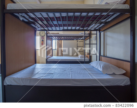 Empty room for a cheap hostel with bunk beds in India. 83422096