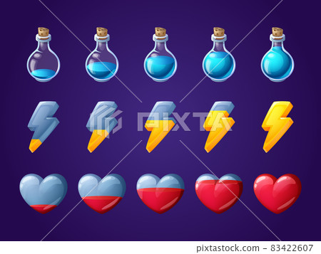 Game icons of heart, lightning and potion bottle Game icons of heart, lightning and potion bottle 83422607
