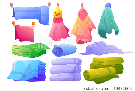 Soft fabric towels hanging, lying, folded in stack Soft fabric towels hanging, lying, folded in stack 83422608