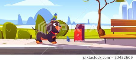 Cute dachshund dog with parrot sitting on head Cute dachshund dog with parrot sitting on head 83422609