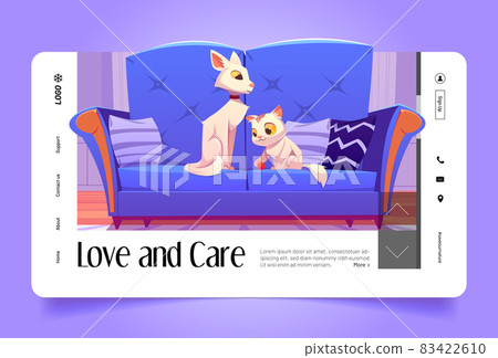 Love and care banner with cute white cats on sofa 83422610