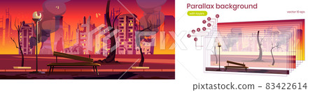 Parallax background city park in fire, war destroy 83422614