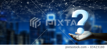 Man hand holding digital question mark holographic. Double Exposure of Night City background. Q and A discussion. FAQ, Support, Question and Answer. Help service business Concept. 83423180