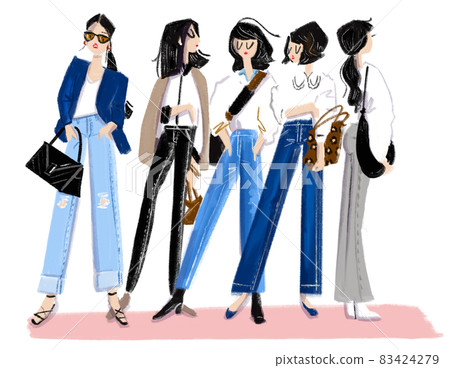 Illustration of a model wearing various types of jeans 83424279