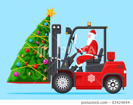 Santa Claus in Red Forklift Loaded with Tree. 83424644