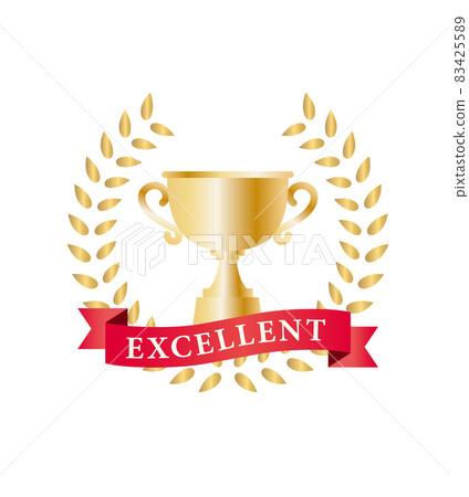 Trophy label with bay ring and red ribbon Trophy label with bay ring and red ribbon 83425589