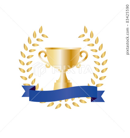 Trophy label with bay ring and blue ribbon 83425590