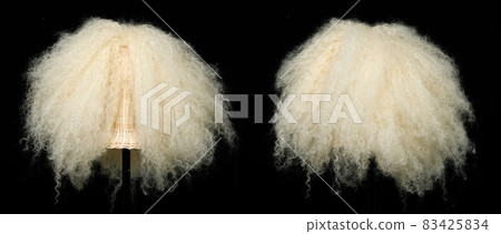 Blond Afro hair wig on mannequin head over black background isolated, set of two to show many angle 83425834